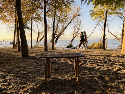 Couple walking hand in hand along a lakeside at sunset in Isparta.