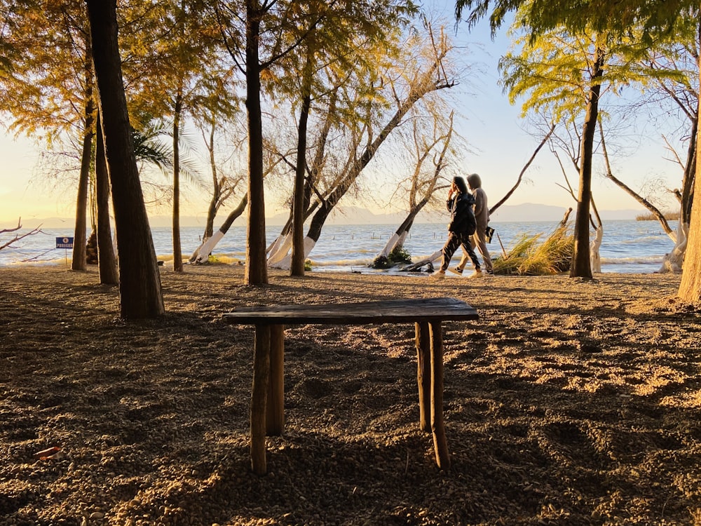 man and woman standing beside brown wooden bench near body of water during daytime