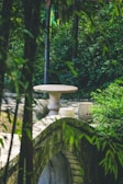 A tranquil outdoor meditation space surrounded by lush greenery and stone textures.