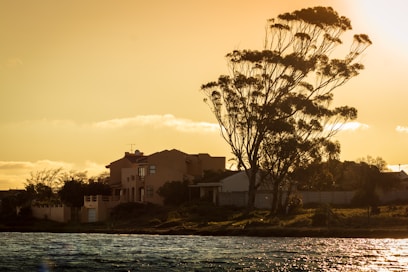white and brown concrete building near body of water during sunset