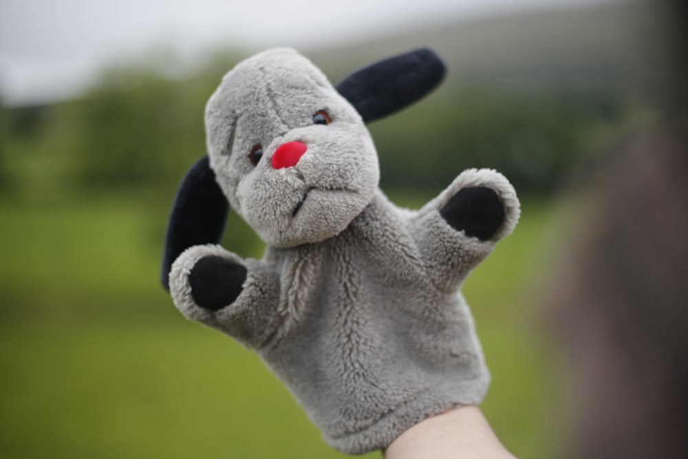 person holding white and black bear plush toy