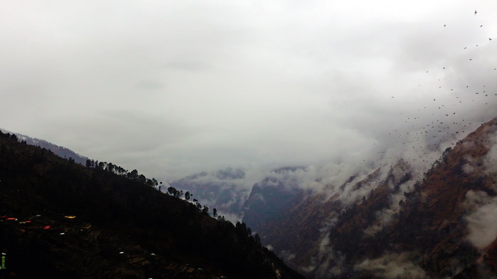 black and white mountains under white clouds