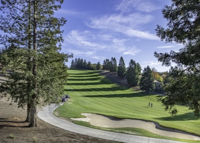 A scenic golf course featuring well-maintained, lush green fairways surrounded by tall trees under a clear blue sky. A couple of golfers are visible in the distance, near a golf cart path that curves through the landscape, and a sand trap is on the edge of the fairway.