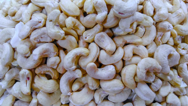 A vibrant shipment of raw cashew nuts being carefully packed in a warehouse with crates labeled for international export.