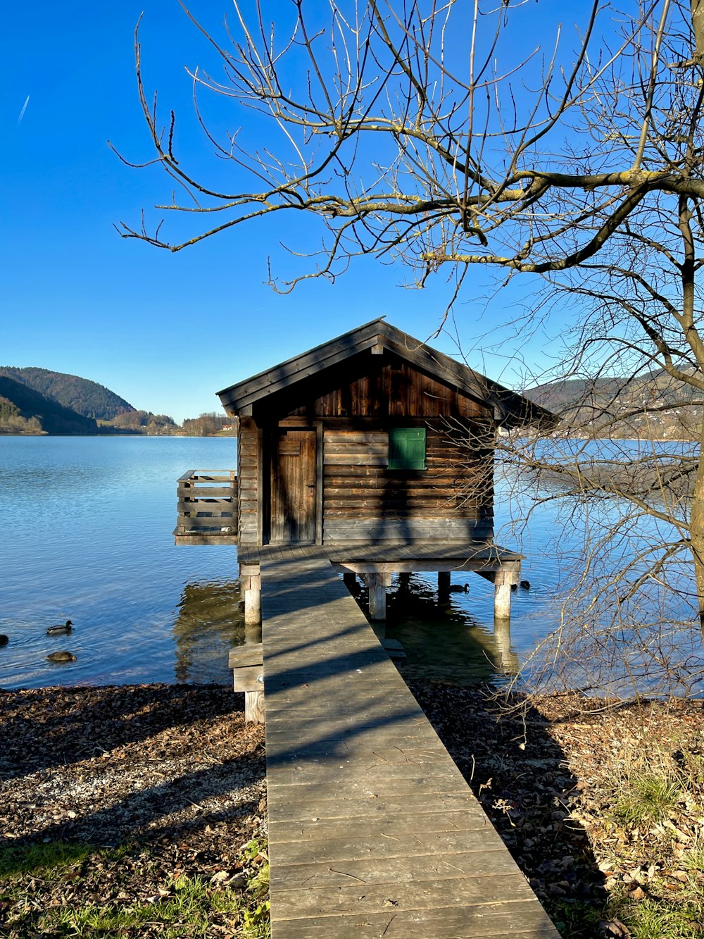 brown wooden house on lake dock during daytime