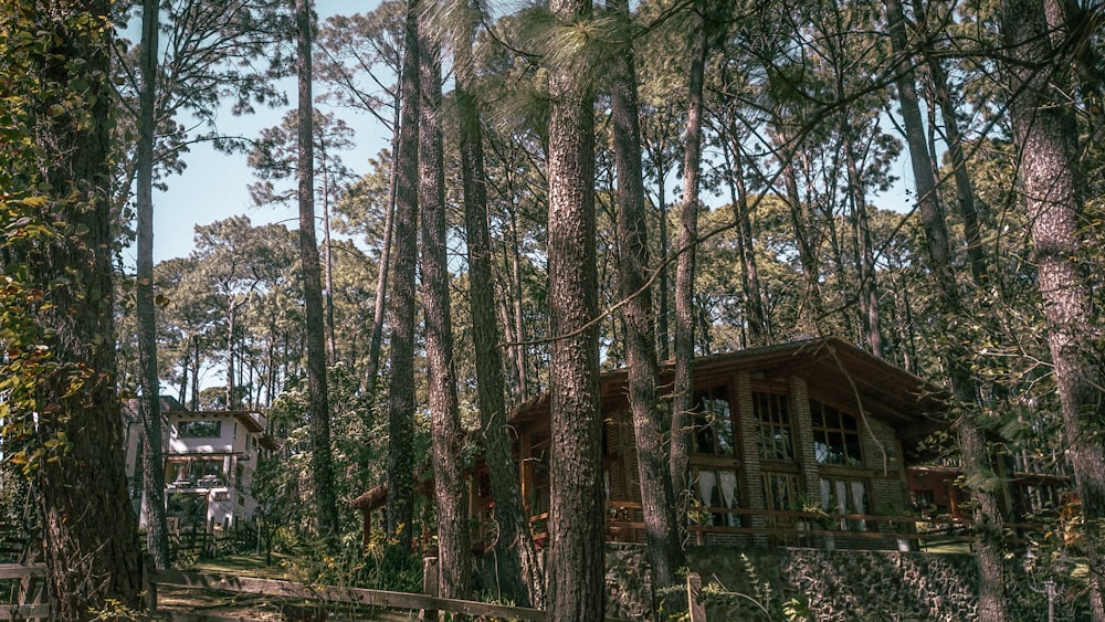 Maison en bois marron entourée d’arbres pendant la journée