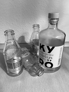 Three glass bottles are arranged on a wooden surface. Two are from Goldberg tonic water, and one is a larger bottle of Kyrö gin. Two tonic bottles are upright, while one lies on its side.