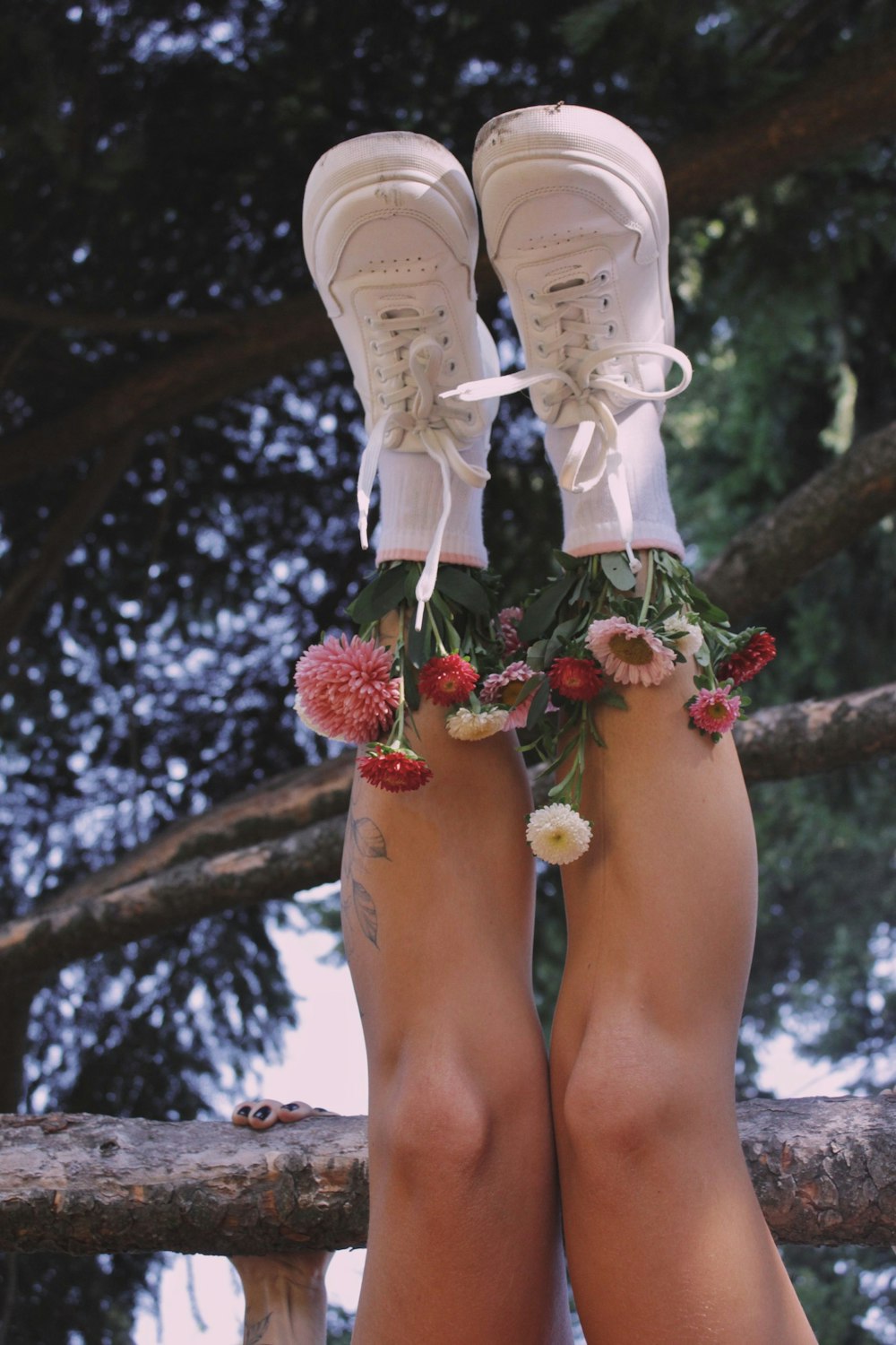 person in white pants and white shoes standing on tree branch