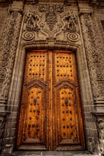 An intricately carved wooden door set within a detailed stone archway, featuring sculptures and ornate patterns. The door is tall and grand, with a deep amber color and metal accents creating a sense of historic elegance.
