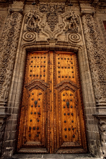 An intricately carved wooden door set within a detailed stone archway, featuring sculptures and ornate patterns. The door is tall and grand, with a deep amber color and metal accents creating a sense of historic elegance.