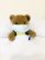 A brown teddy bear is positioned upright, wearing a surgical mask. It is tucked under white sheets, simulating a hospital bed setting. The bear holds a thermometer, suggesting a medical or healthcare theme.