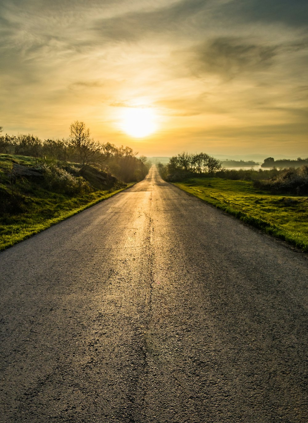 gray concrete road between green grass field under cloudy sky during daytime