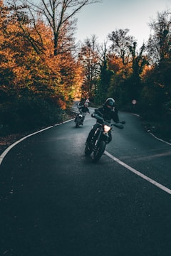Group of motorcyclists riding along a scenic country road with autumn leaves.