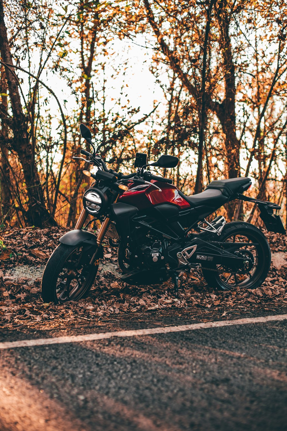 black and red sports bike parked on road during daytime