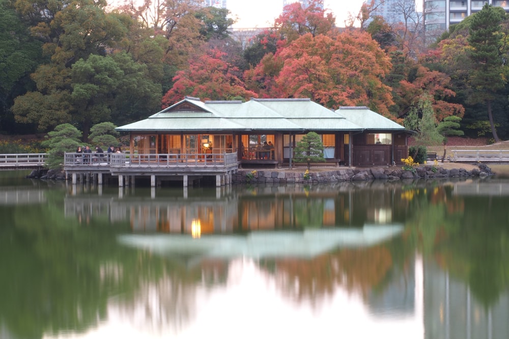 brown and white wooden house near lake