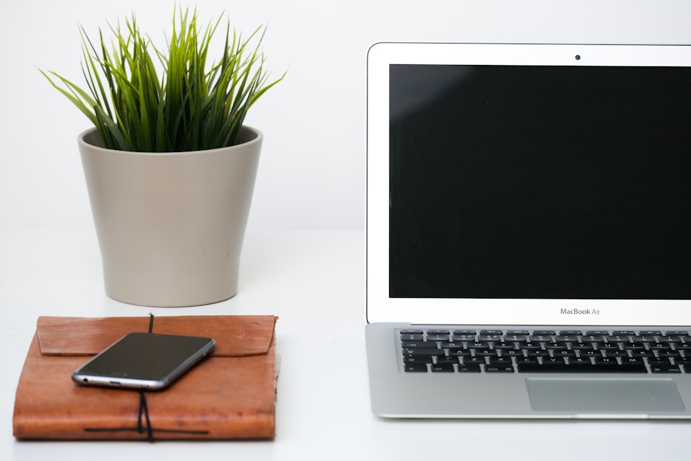 macbook air beside brown leather wallet and green plant