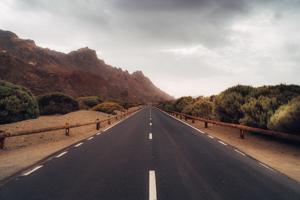 gray concrete road near green trees and mountain during daytime