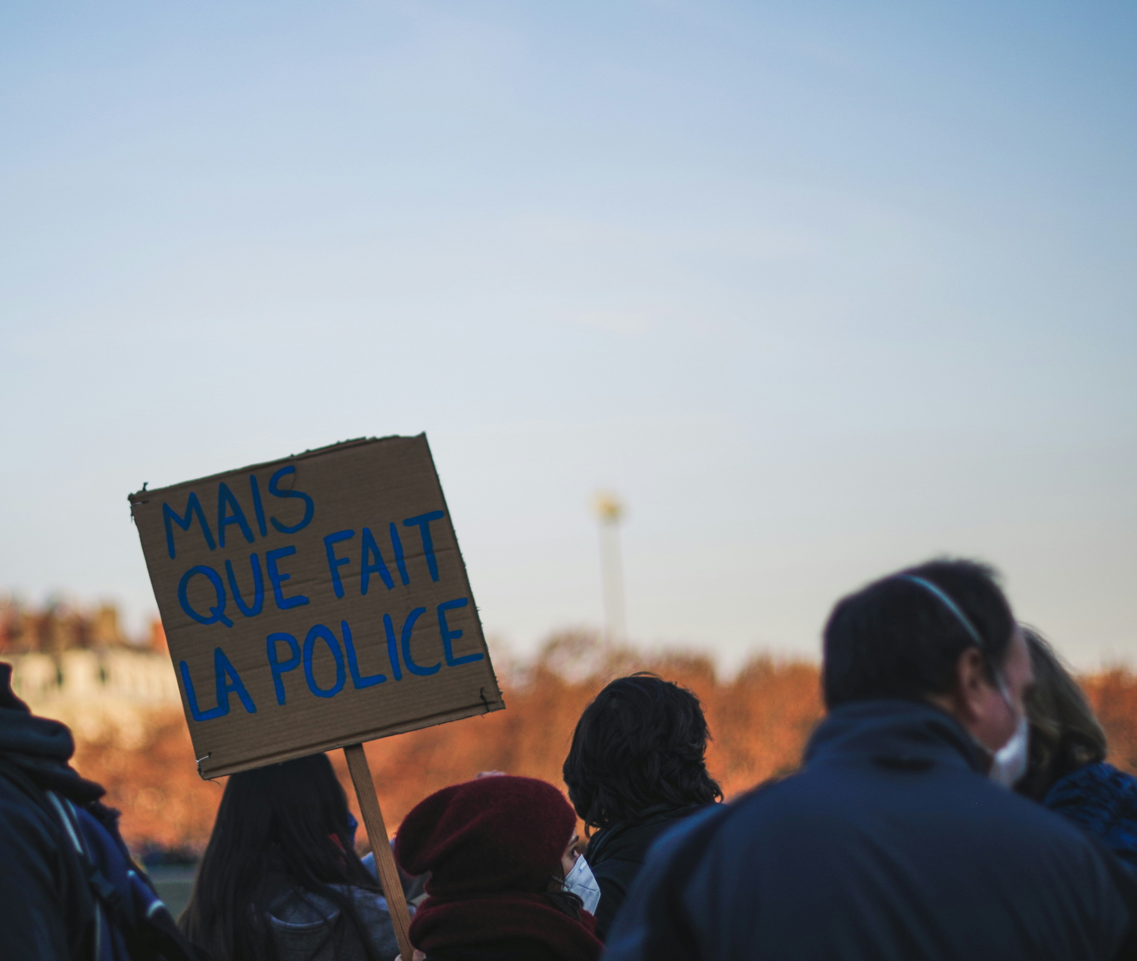 Protestors in France on November 29, 2020, after a series of aweful events of police violence in France. Music producer Michel has been heavily beaten up and racially abused by police officers in his studio in Paris just shortly after the brutal dismantling of a migrant camp in Paris. The french government plans to enfore a law that forbids the publication of images allowing the identification of a law enforcement officer, which makes recording of such incidents even more difficult.