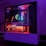 A gaming PC with a transparent side panel reveals internal components illuminated by RGB lighting. Key components visible include a graphics card, cooling system, and motherboard, all surrounded by multicolored LED lights. The case has a minimalistic design, set against a dark background that highlights the vibrant internal lighting.