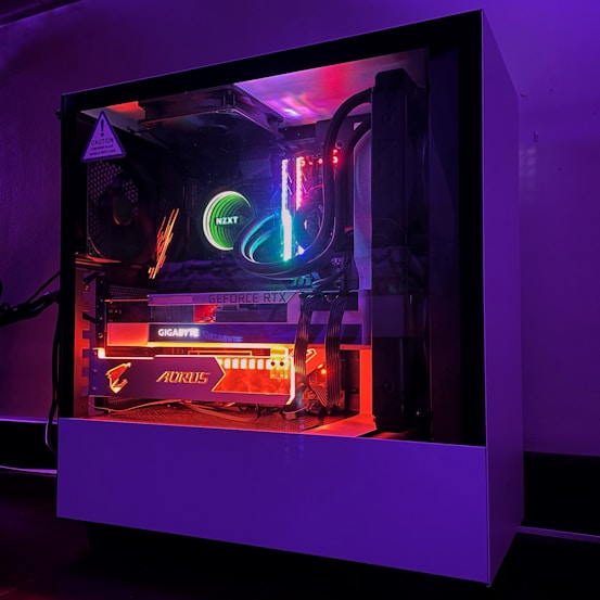 A custom-built gaming PC with open side panel showing high-end components.