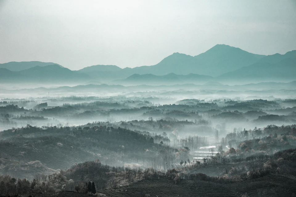 The image depicts a vast, foggy landscape with rolling hills and mountains in the distance. The sky above is a light blue color, providing a serene backdrop to the scene. The perspective of the photo is from a high vantage point, offering a panoramic view of the landscape below. The colors in the image are predominantly green and brown, reflecting the natural hues of the terrain.