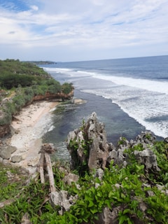 Lush greenery and rocky cliffs framing the peaceful Yarada Beach under a clear blue sky