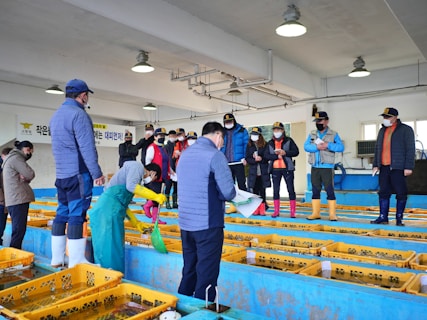 A group of people wearing protective clothing and caps stand in an indoor facility with blue and yellow fish tanks. Some individuals are taking notes while another person handles a net inside a tank. Overhead lights illuminate the room, and a banner with text is visible on the wall.