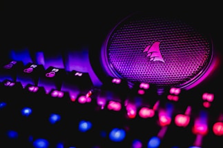 A close-up view of an illuminated gaming keyboard with vibrant LED lights and a speaker with a logo. The keys are lit in shades of pink and blue, creating a neon glow against a dark background.