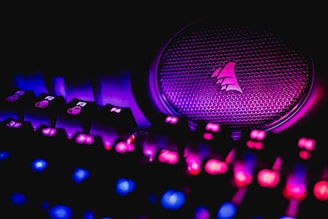 A close-up view of an illuminated gaming keyboard with vibrant LED lights and a speaker with a logo. The keys are lit in shades of pink and blue, creating a neon glow against a dark background.