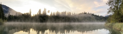 A serene mountain lake at sunrise with mist hovering over the water and pine trees reflecting on the surface.