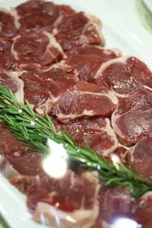 Grilled steak slices arranged artfully on a plate with fresh rosemary garnish.