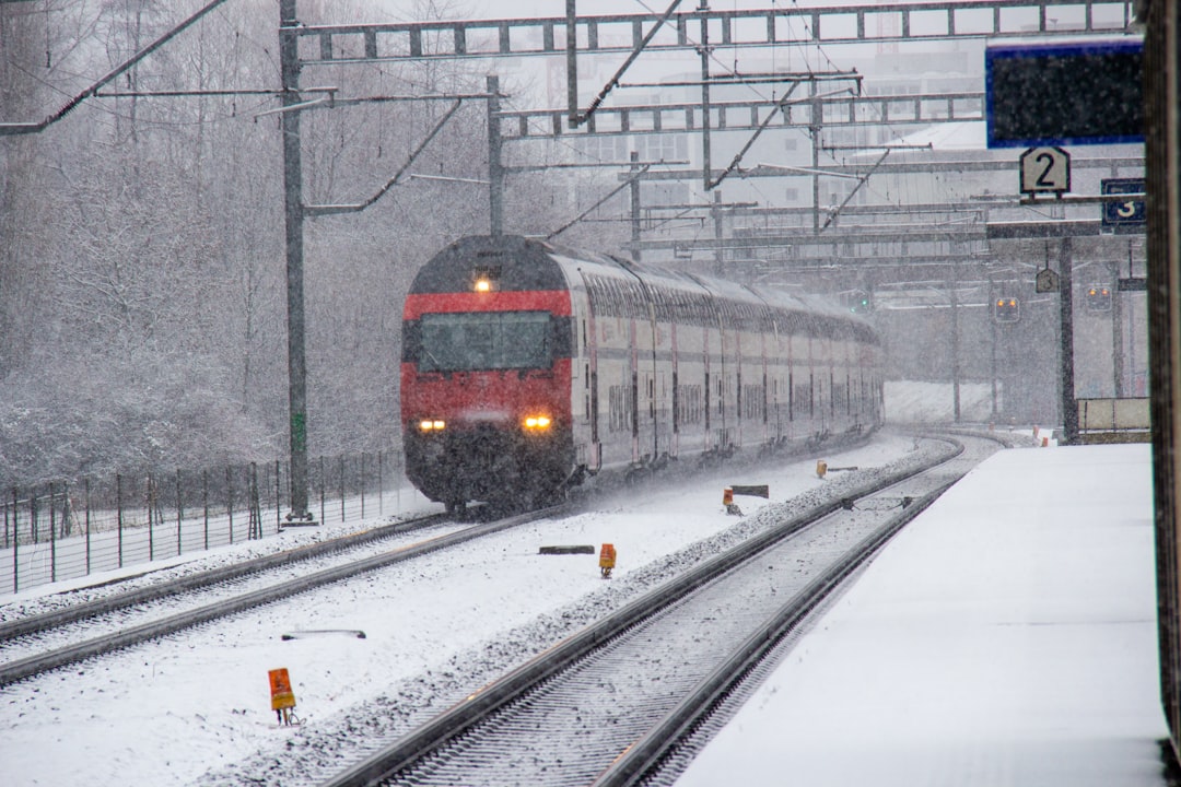 red and black train on rail tracks, Snowy day near Dietikon at Glanzenberg station in Switzerland.