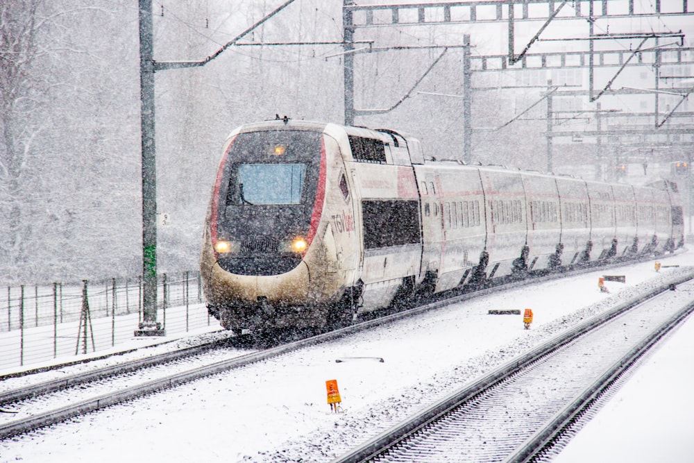 Train blanc et bleu sur les voies ferrées