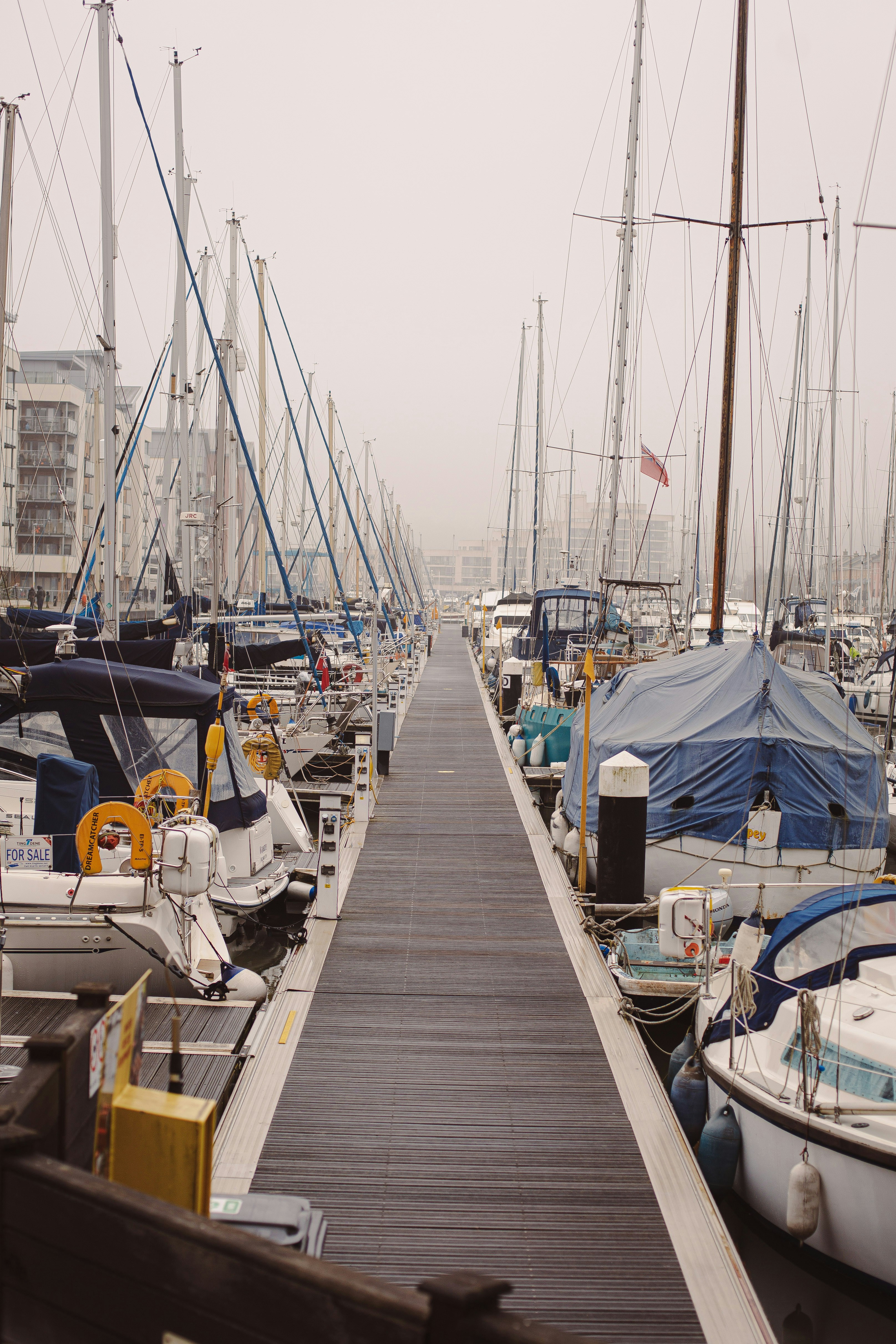 white and blue sail boat on dock during daytime