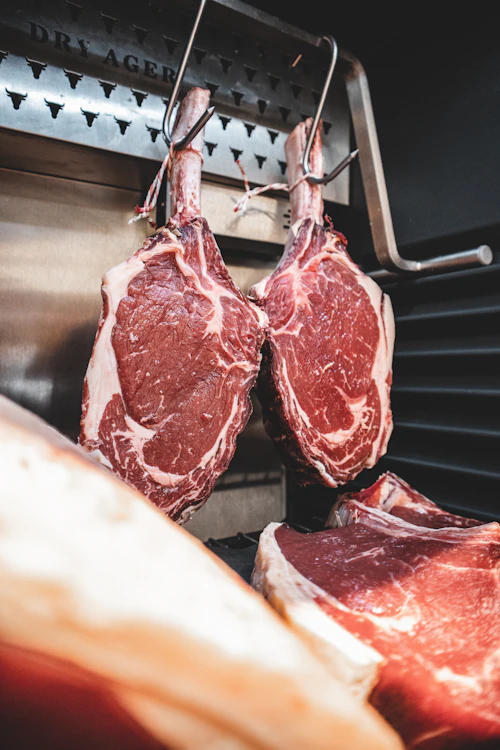 Raw meat on a stainless steel tray