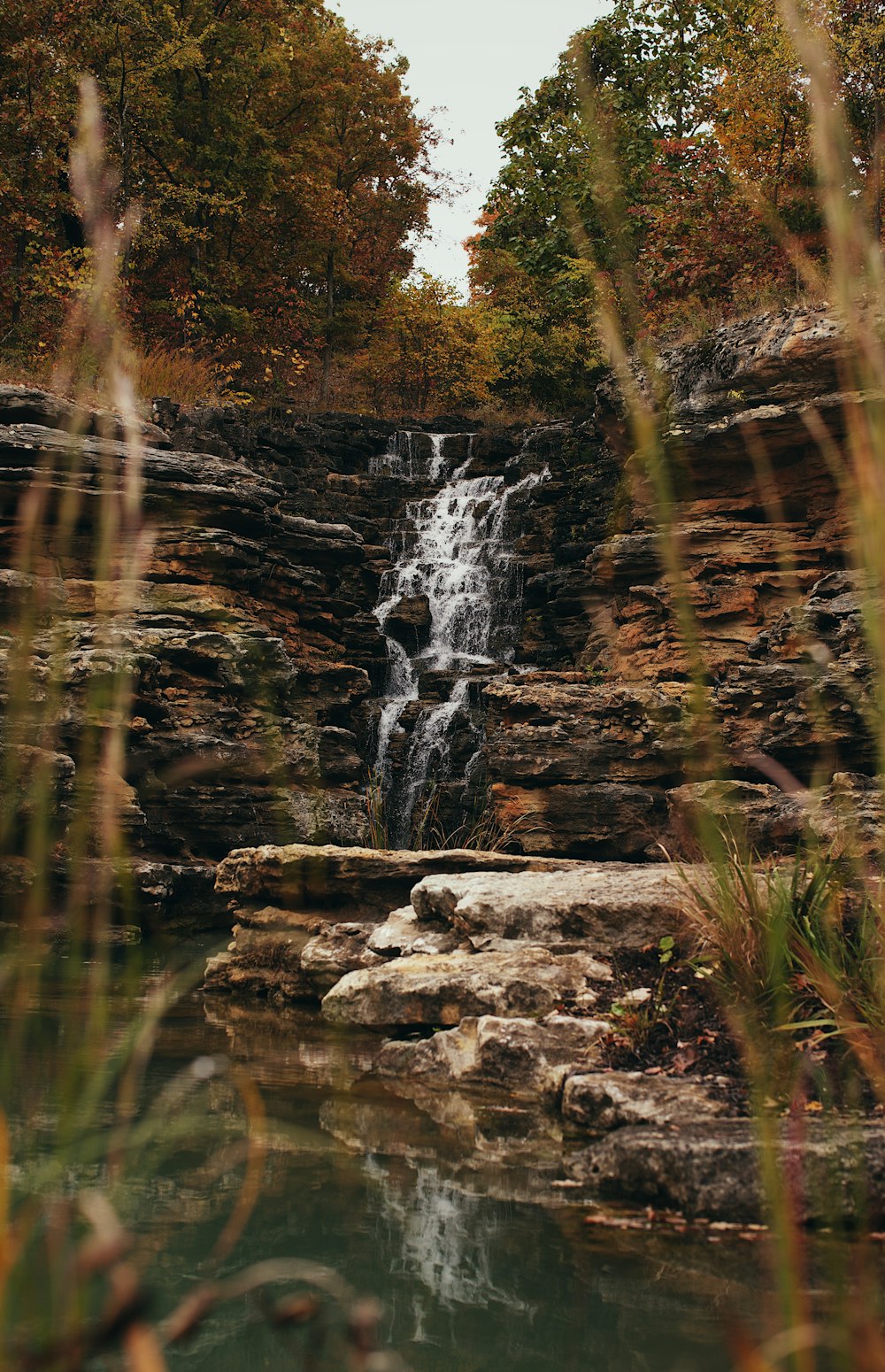 water falls on brown rocks