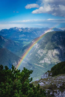 The vibrant colors of the Rainbow Mountain stretching across the horizon under a clear blue sky.