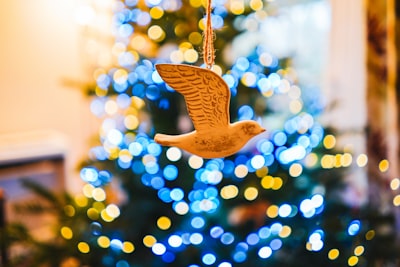 brown star hanging ornament in bokeh photography jolly teams background