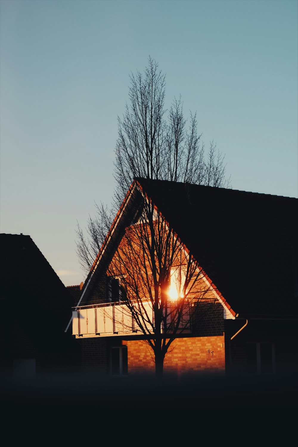 brown and white house near bare trees during sunset