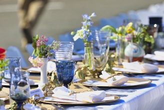 blue drinking glass on table