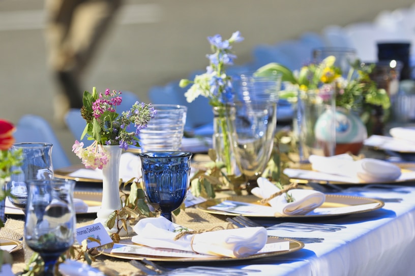 blue drinking glass on table