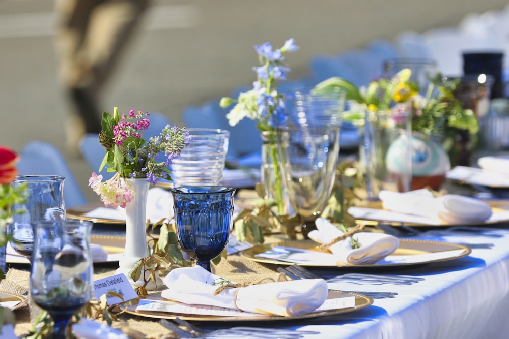 blue drinking glass on table