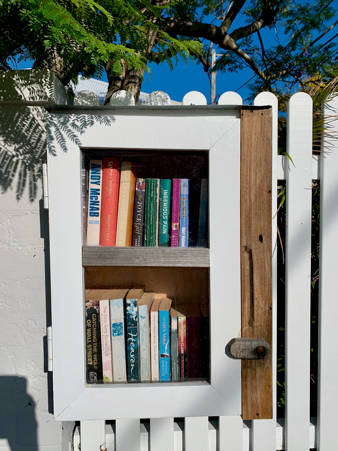 A white little free library mounted on a fence, full of colorful book spines