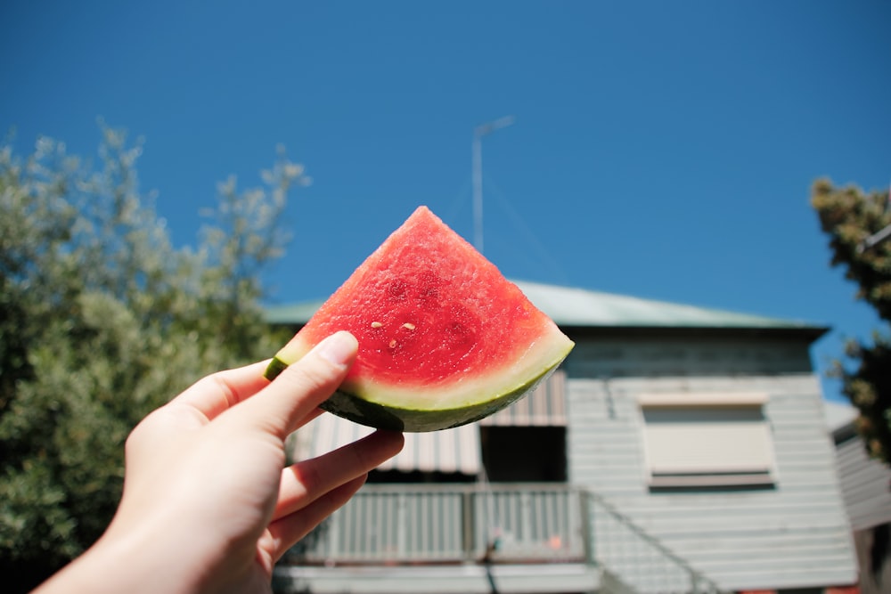 Person, die Wassermelone mit blauem Himmelshintergrund hält