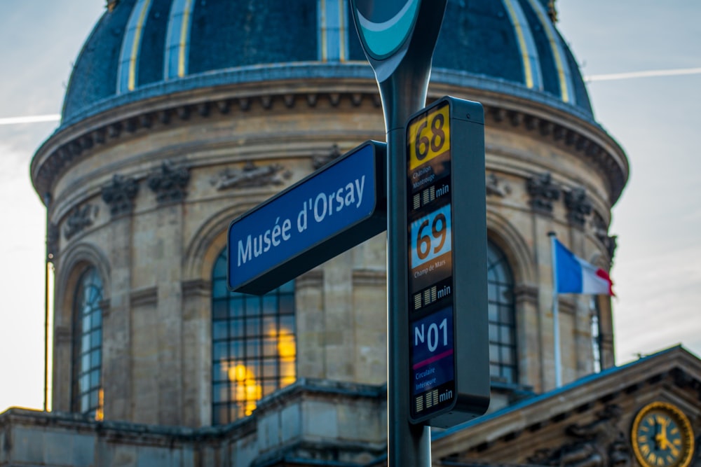 a close up of a street sign with a building in the background