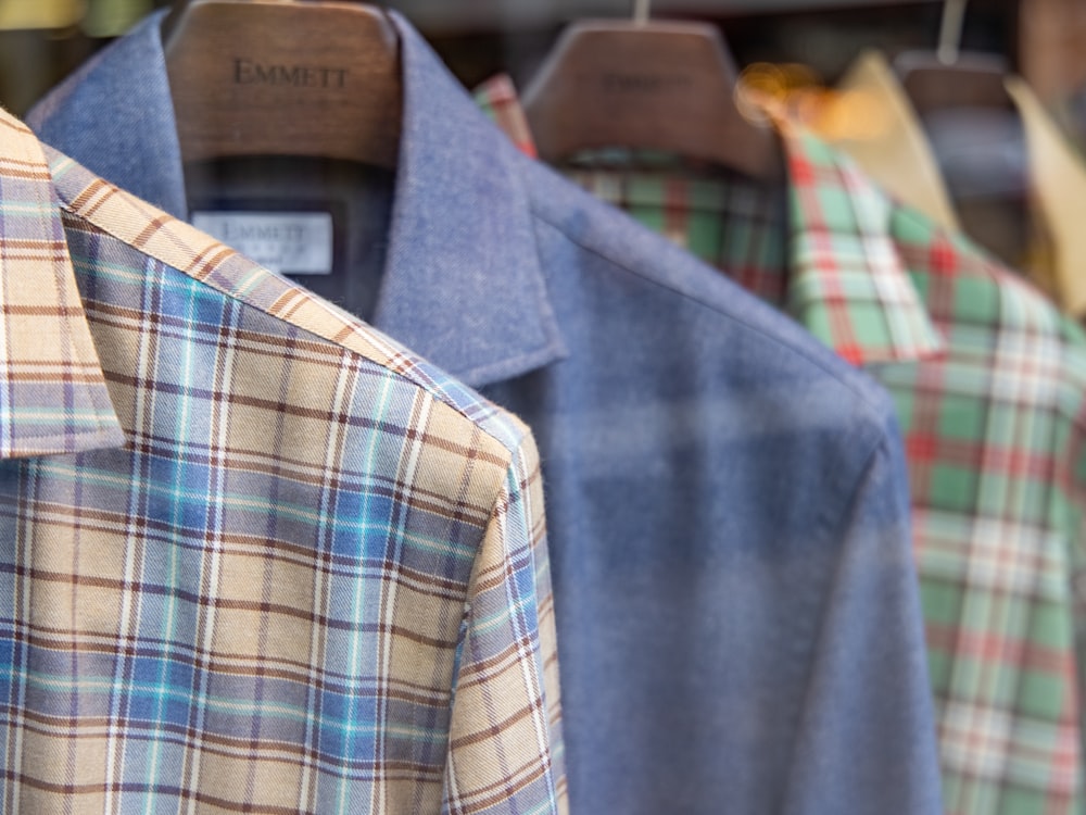 blue white and brown plaid button up shirt