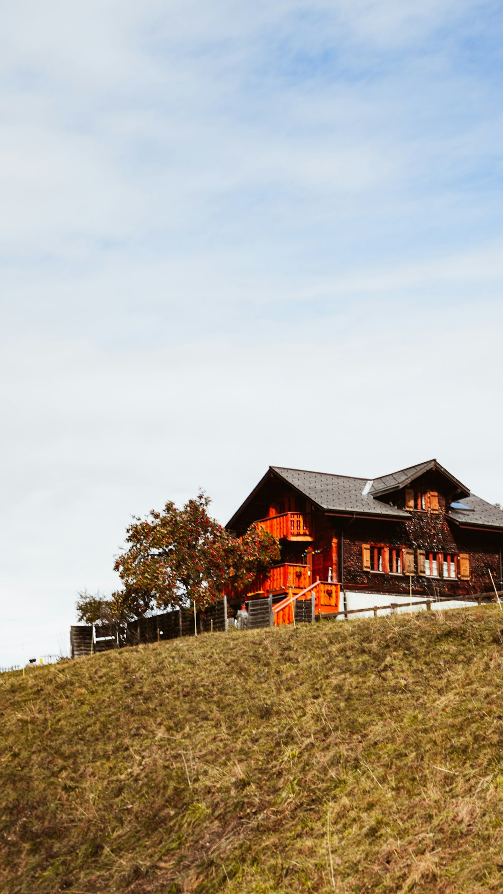 brown wooden house on green grass field under white sky during daytime