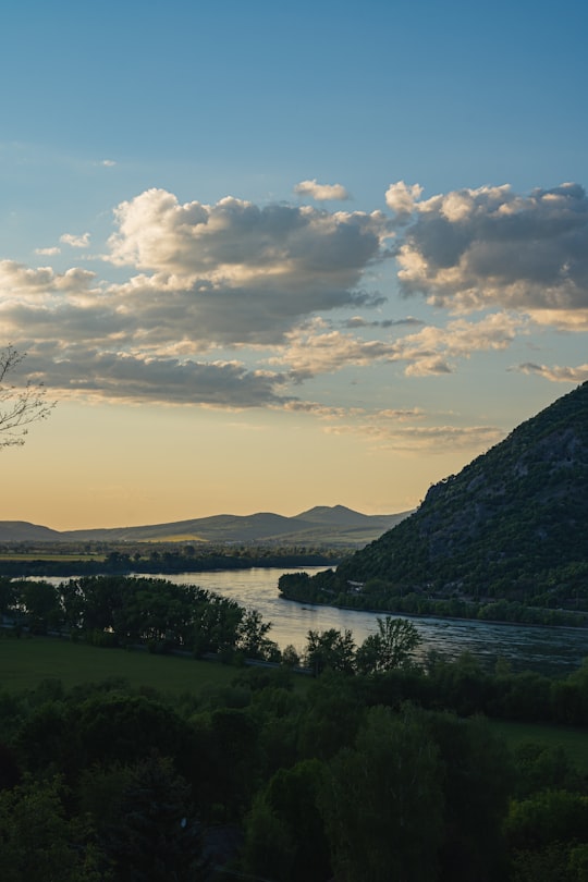 green trees near body of water under white clouds during daytime in Pilis Hungary