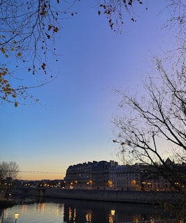 A playful moment captured by the Seine river with city lights reflecting on the water.