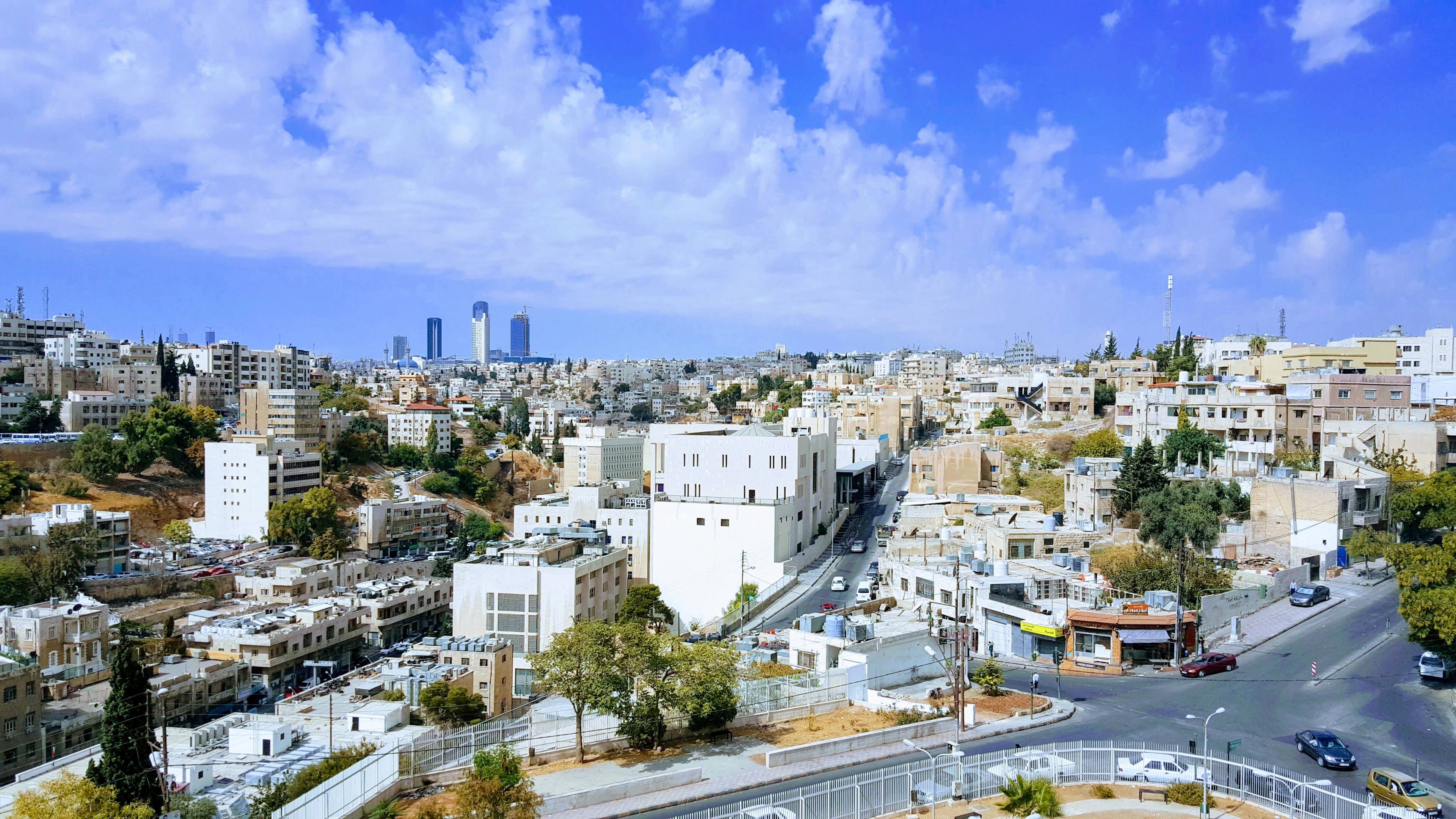 Aerial view over Amman's cream-toned rooftops and tree-lined streets under a bright blue sky.